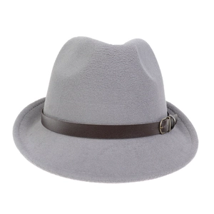 Detailed macro view of the grey wool felt fedora with a brown leather belt buckle