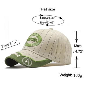 Classic striped baseball cap with Austria embroidery and green brim for outdoor leisure