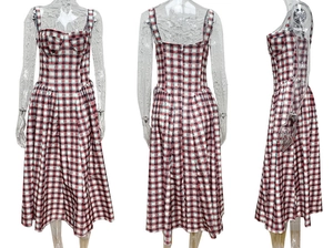 Detailed front, back, and side views of a French style midi plaid dress with heart neckline