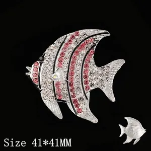 Silver fish brooch with pink and white rhinestones, size 41x41mm, for DIY crafts