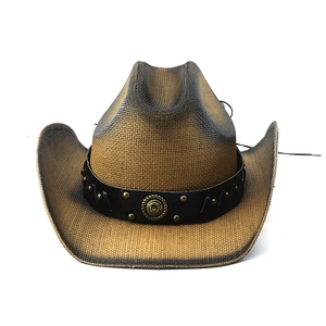 Brown woven western cowboy hat with vintage leather band and decorative metal buckle