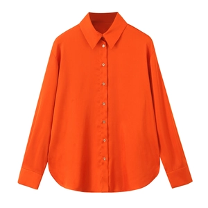 Satin Texture Long Sleeve Button Down Blouse Lapel Collar Loose Fit Back Drawstring Fashion Top For Women
