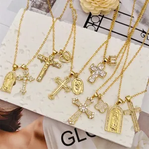 Goldenes mehrlagiges Halsketten-Set mit religiösem Kreuz, Marienrelief und Rosen-Anhängern