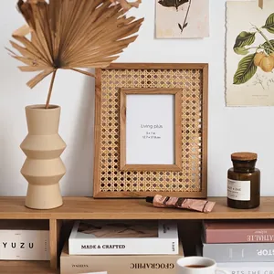 Nordic rectangular wood and rattan 5x7 photo frame displayed in a stylish home setting