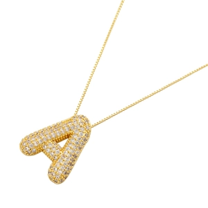 Detail of 18K gold plated balloon letter A pendant with cubic zirconia on box chain