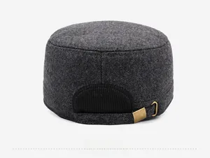 Detail view of the back of a men's winter cadet cap with a metal adjustment buckle