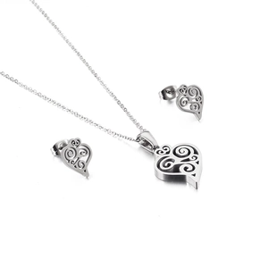 Hollow heart necklace and stud earring set with spiral patterns in polished silver finish