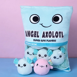 Blue and pink plush axolotl toy set with a large soft pillow and mini plushies