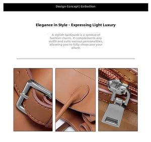 Macro details of silver square buckle and cylindrical handle stitching on brown leather bag