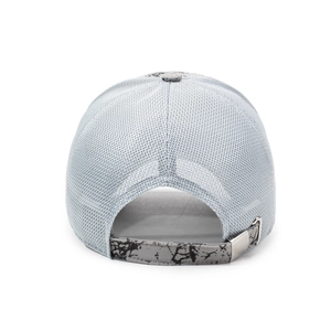 Grey breathable mesh baseball cap with adjustable metal buckle and marble pattern strap