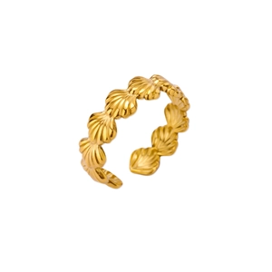 Golden shell-shaped open ring made of stainless steel on a clean white background