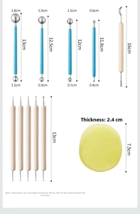 Detailed dimension chart for clay sculpting tools including ball stylus and sponges