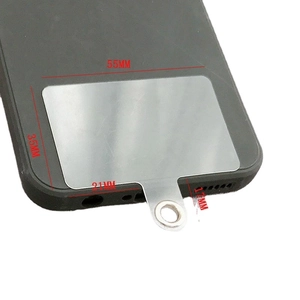 Universal silver metal phone tether tab with dimensions 55mm by 35mm for lanyard attachment