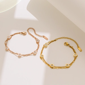 Double-layered 18KGP rose gold and gold bracelets with sparkling zircon circular charms