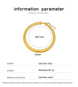 Technical specs of 12mm gold stainless steel choker with adjustable 40+7cm chain