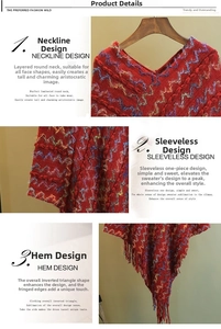 Gros plan du poncho rouge en tricot avec col rond superposé et ourlet à franges