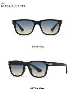 Detail view of Black Blue Tea gradient sunglasses with golden arrow metal accents