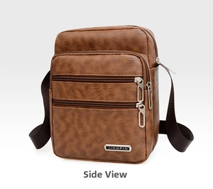 Brown PU leather men shoulder bag featuring three zipper pockets and lychee grain texture
