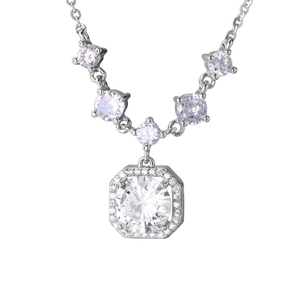 Elegant S925 sterling silver necklace with square purple zircon and small gems on chain