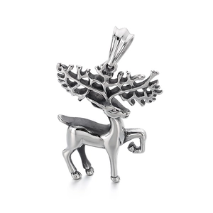 Polished stainless steel unicorn pendant with intricate wings on white background