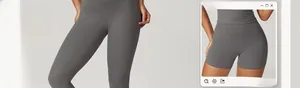 Detail showing charcoal grey high-waisted seamless yoga leggings with matching shorts