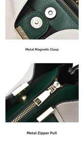 Details von Gold-Hardware-Druckknopf und Reißverschluss an grün-weißer Ledertasche