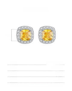 Macro shot of S925 sterling silver square sugar yellow diamond studs with dimensions