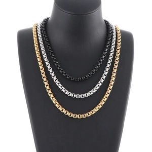 Three-layer men's hip hop box chain necklace in gold, silver, and black finishes