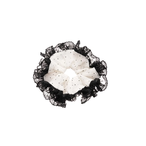 Chouchou élégant en dentelle à pois noirs et blancs avec bordure florale pour femmes