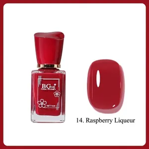 Close-up of long-lasting 14ml raspberry red glossy nail polish bottle and color swatch