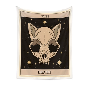 Detail of bohemian tarot cat skull tapestry with Death XIII text and gothic motifs