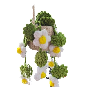 Handmade knitted potted flower car mirror charm with white flowers and green leaves