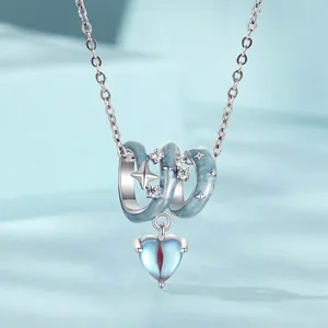 Elegant S925 sterling silver necklace with blue starry moonstone heart pendant