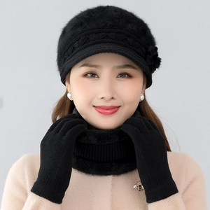 Detailed view of women's thermal knit hat with plush lining and matching neck warmer