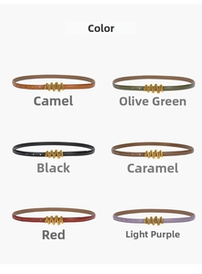 Close-up of leather thin belts in six colors with elegant golden metal buckles