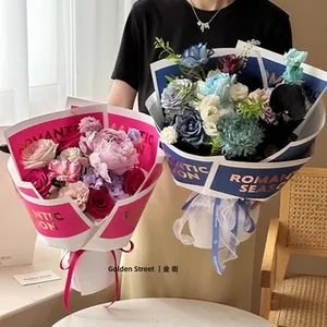 Detail showing romantic floral bouquets with premium tissue paper and ribbon wrapping