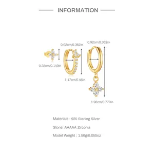 Detailed size specifications for S925 sterling silver hoop earrings with star pendants