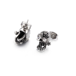 Gothic skull stud earrings in vintage silver with crystal eyes and steel finish