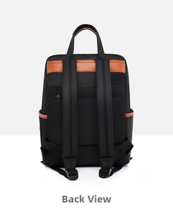 Detail view of laptop backpack with padded shoulder straps and rear anti-theft zipper pocket