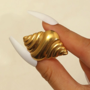 18K gold plated stainless steel open seashell ring with elegant spiral texture