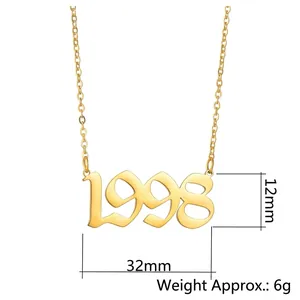 Golden 1998 birth year pendant necklace in stainless steel with measurement details