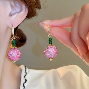Vintage palace style earrings with pink and green glazed beads and zircon hooks