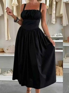 Elegant black square neck sleeveless midi dress with cinched waist and pleated flared skirt