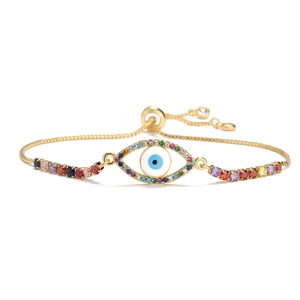 Gold evil eye bracelet with colorful zircons and adjustable slider chain for women