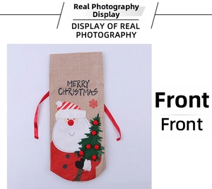 Linen Christmas wine bottle bag with Santa Claus and Christmas tree embroidery details