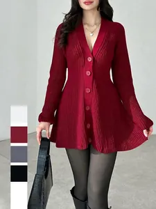 Robe Pull En Tricot Élégante Pour Femmes Col En V Manches Longues Boutonnée Côtelette Coupe Ajustée Décontractée Midi