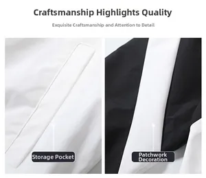 Detailweergave van de zijvakken en zwart-witte contraststiksels op de herenjas