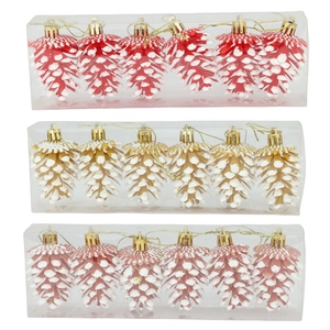 Lot de 18 ornements de Noël en forme de pomme de pin rouge or et rose avec effet neige