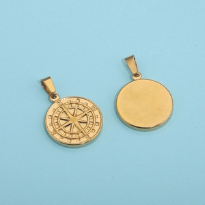Golden stainless steel compass pendant necklace with N E S W engraving on blue background