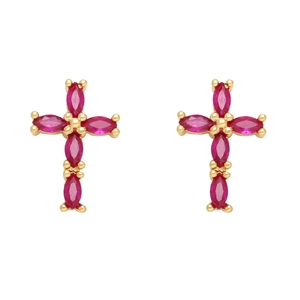 Hypoallergenic gold plated cross earrings with pink marquise cut zircon stones for women